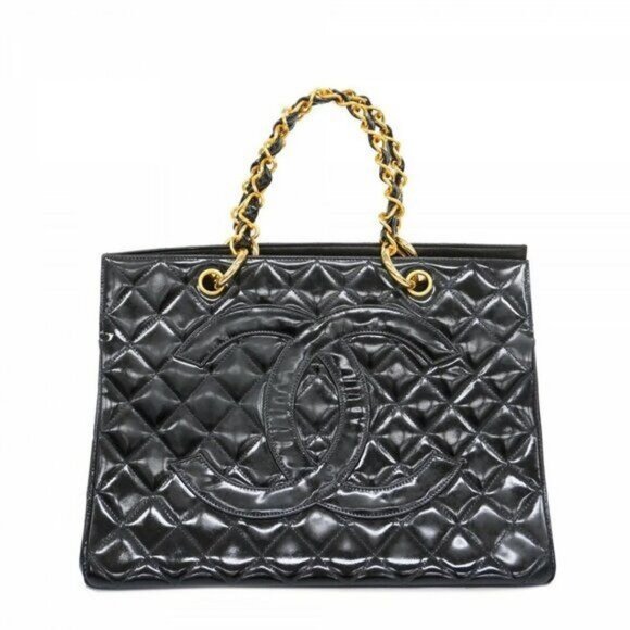 CHANEL CC Patent Shopping Tote Quilted Chain Shoulder Bag Gold Purse - Picture 1 of 16